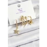 Pirinç Zİrkon Taşlı Sallantılı Yıldız Model Gold Renk 3'lü Kadın Küpe