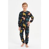 Pistyle Erkek Çocuk Dinozor Desenli %100 Pamuk Reaktif Boyalı Süprem Kumaş Uzun Kollu Pijama Takımı - Siyah - 5 - 6 Yaş