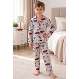 pistyle Kırmızı Araba Baskılı Erkek Çocuk Pijama Takımı - Gri Düğmeli Yaka Pamuklu Ev Giyim Seti