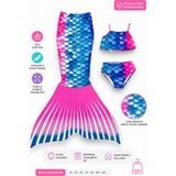 Pistyle Kız Çocuk Biknili Mayo Deniz Kızı Kostümü Mavi Pembe Puldesenli 3lü Takım - 4 - 5 Yaş