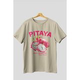 Pitaya Ön Baskılı Oversize T-Shirt Erkek Kadın Pamuk Bisiklet Yaka Tişort - Bej
