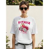 Pitaya Ön Baskılı Oversize T-Shirt Erkek Kadın Pamuk Bisiklet Yaka Tişort - Beyaz