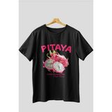 Pitaya Ön Baskılı Oversize T-Shirt Erkek Kadın Pamuk Bisiklet Yaka Tişort - Siyah