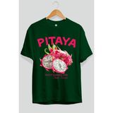 Pitaya Ön Baskılı Oversize T-Shirt Erkek Kadın Pamuk Bisiklet Yaka Tişort - Zümrüt Yeşili