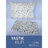 Piyes Home Mavi Desenli Pamuk Kumaşlı Penye Fermuarlı 2 Adet Yastık Kılıfı - Mavi - Beyaz - 50x70