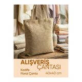 Piyes Home Sütlü Kahve, Bej Kadife Floral Çanta Bez Çanta Alışveriş Çantası