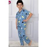 Pjkö Hey Boom Desenli Mavi Kısa Kollu Önden Düğmeli Erkek Çocuk Pijama Takımı 4-12 Yaş 706K - 5 - 6 Yaş