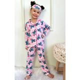 Pjkö Stitch Desenli Pembe Uzun Kollu Önden Düğmeli Kız Çocuk Pijama Takımı 4-12 Yaş 719U - 4 - 5 Yaş