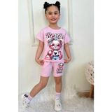 Pjkskt Süslü Ayıcık Desenli Pembe Şortlu Kız Çocuk Kısa Kol Takım 7573-P - 7 - 8 Yaş