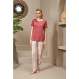 Pjs 25135 Kadın Yuvarlak Yaka İnci Taş Baskılı Çizgili Pijama Takım