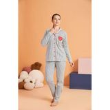 Pjs Kadın Önden Düğmeli Gömlek Yaka Çizgili Uzun Kollu Pijama Takım