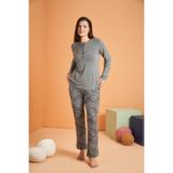 Pjs Kadın Pijama Takımı, Uzun Kol, Gri, Leopar Desen, 38 Beden