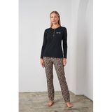 Pjs Kadın Uzun Kollu Pijama Takımı, Siyah, Leopar Desen, 38 Beden