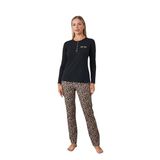 Pjs Kadın Uzun Kollu Pijama Takımı, Siyah, Leopar Desen, 48 Beden