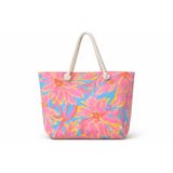 Plaj Çantası, Pembe Çiçek Desenli, Halat Saplı, Tropikal Tema, Kadın Tote Bag
