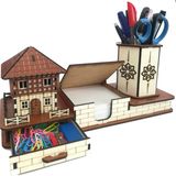 Plaket Home Kişiye Özel Ahşap Masaüstü Kalemlik Seti (Kalemlik, Ataçlık, Notluk)