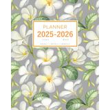 Planner June 2025-2026 May: 8x10 Large Notebook Organizer with Hourly Time Slots | Painted Plumeria Flower Design Gray