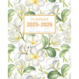 Planner June 2025-2026 May: 8x10 Large Notebook Organizer with Hourly Time Slots | Painted Plumeria Flower Design White