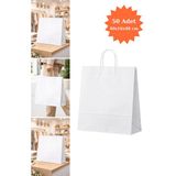 Plas+Plus Burgu Saplı Kraft Çanta Beyaz Kağıt Poşet Butik Mağaza Hediye Tatlı Torbası 40X16X48 cm 50LI - 50 Adet
