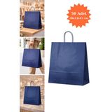 Plas+Plus Elit Burgu Saplı Kraft Çanta Mavi FSC Sertifikalı Kağıt Poşet Butik Hediye Torbası 36x12x41 cm 50Li