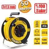 Plastik Makaralı Kapaklı 50 Metre Seyyar Uzatma Kablosu 3X1.5 Mm H05vv-F %100 Bakır Kablo 4 Prizli