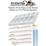 Plastik Masa Üstü 10 Hazneli Resim Paleti 5 li Plastik Spatula ve Resim Fırçası 1 Paket Hobi Sanatsal Esnek Palet Bıçağı
