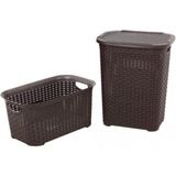 Plastik Rattan Hasır Görünümlü Kirli Çamaşır Sepeti- Çamaşır Sepeti 2'li Set Kahverengi - Acorn