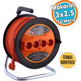 Plastik Seyyar Makaralı Cca Uzatma Kablosu 3x2.5 mm 50 Metre Termal Sigortalı 4 Prizli Monofaze - Turuncu - Siyah - 1