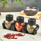 Plastik Standlı Baharatlık Takımı, 3 Parça, Şeffaf Cam Gövde, Siyah Kapak, 210 ML, Tuz ve Baharat Seti