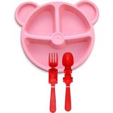 Plastlife Ayıcık Şekilli Mama & Yemek Tabağı, (3 Bölmeli) + Araç Figürlü Plastik Çatal Kaşık Seti - Pembe