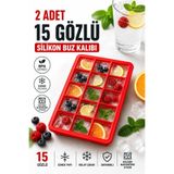 PLASTMARKET 2 Adet 15 Bölmeli Büyük Boy Silikon Buz Kalıbı - Silikon Kare Buz Kalıbı - Pratik Büyük Boy Buz Kalıbı