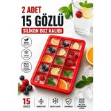 Plastmarket 2 Adet 15 Bölmeli Büyük Boy Silikon Buz Kalıbı - Silikon Kare Buz Kalıbı - Pratik Buz Kalıbı - 001-Renkli