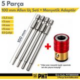 Platin Hırdavat Uzun Bits Allen Uç Seti + Manyetik Adaptör 100 mm - 5 PARÇA