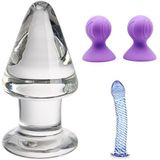 PleasureBox Seks Oyuncağı 9 cm + Silikon Meme Pompası Mor + Cam Dildo Mavi Twister 19 cm