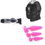 PleasureBox Seks Oyuncağı 9,5 cm + Ağız Tıkaçlı Esaret Maskesi + Silikon Üçlü Anal Tıkaç Seti Pembe