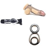 PleasureBox Seks Oyuncağı 9,5 cm + Kabartmalı Penis Kılıfı Yarı Saydam + Siyah Üçlü Penis Halkası