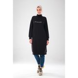 Plistre 2290_Kadın Fermuarlı Yakalı Tesettür Spor Tunik Elbise - Reflektör Baskılı, Dik Yakalı Fermuarlı, Cepli, Yumuşak Doku - 00100 Siyah - 42