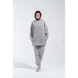 Plistre Kadın Gri Kapşonlu Nakışlı Oversize Sweatshirt Uzun ve Büyük Kalıp Tesettür Sonbahar/Kış Tunik _1596