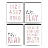 PLKMN Let's Play Read Wall Art 4'lü Set, Eğitim Posterleri, Montessori Sınıf Dekoru, Nötr Çocuk Dekoru, Çocuk Odası Sınıfı için Alfabe Sayısı Baskılar, 8x10 Çerçevesiz - Pembe
