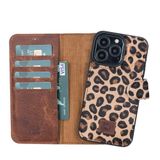 PLM Apple iPhone 13 Pro Uyumlu Deri Cüzdanlı Kılıf Leopar Desen