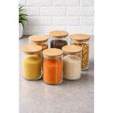 Plt Design 6'Lı Bambu Kapaklı Vakumlu Cam Kavanoz - Baharat Takımı 1000 Ml Etiket Hediyeli