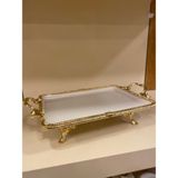 Plus Home Porselen Sunum Tabağı Dikdörtgen Döküm Pirinç Ayaklı Kulplu Altın 32X23 cm