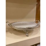 Plus Home Porselen Sunum Tabağı Yuvarlak Ortaboy Döküm Pirinç Ayaklı Kulplu Gümüş 25 cm