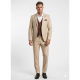 Plus Scorpion Erkek Çizgili Takım Elbise 3’lü Set – Ceket + Yelek + Pantolon – Slim Fit Italyan Tarz - Açık Bej - 6 Drop - 48