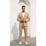 Plus Scorpion Erkek Gofre Desenli Takım Elbise Bağcıklı Pantolon Duble Paça Tek Düğme Modern Slim Fit - Bej - 6 Drop - 54