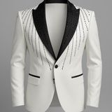 Plus Scorpion Erkek Siyah Taş Detaylı Saten Yaka Blazer Ceket – Özel Tasarım Şık Damatlık & Gece Kombini - 54 - 6 Drop - Beyaz