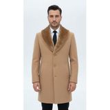 Plus Scorpion Erkek Uzun Kaşe Kaban Çıkartılabilir Kürk Yaka Astarlı Cepli Slim Fit Mont, M, Uzun Kaşe Kaban, Bej, Erkek