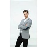 Plus Scorpion Gri Erkek İtalyan Kesim Blazer Ceket – Lacivert Detaylı, Kol Yamali, Slim Fit Şık Tasarım