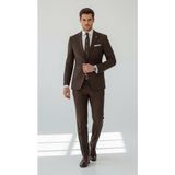 Plus Scorpion TK6895 Erkek Slim Fit Mikro Desenli Takım Elbise 2 Düğmeli Çift Yırtmaçlı Modern Ceket Pantolon Takım - Kahverengi - 6 Drop - 54