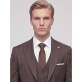 Plus Scorpion TK6896 Erkek 3 Parça Slim Fit Çift Yırtmaçlı Takım Elbise Yelekli Şık Klasik Takım 6 Drop - Kahverengi - 52